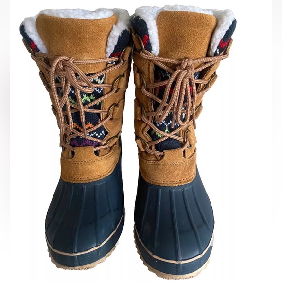 KHOMBU KRISTIE Brown Suede Sherpa Lined Nordic Knit Snow Duck Boots Size 8 - Picture 2 of 13